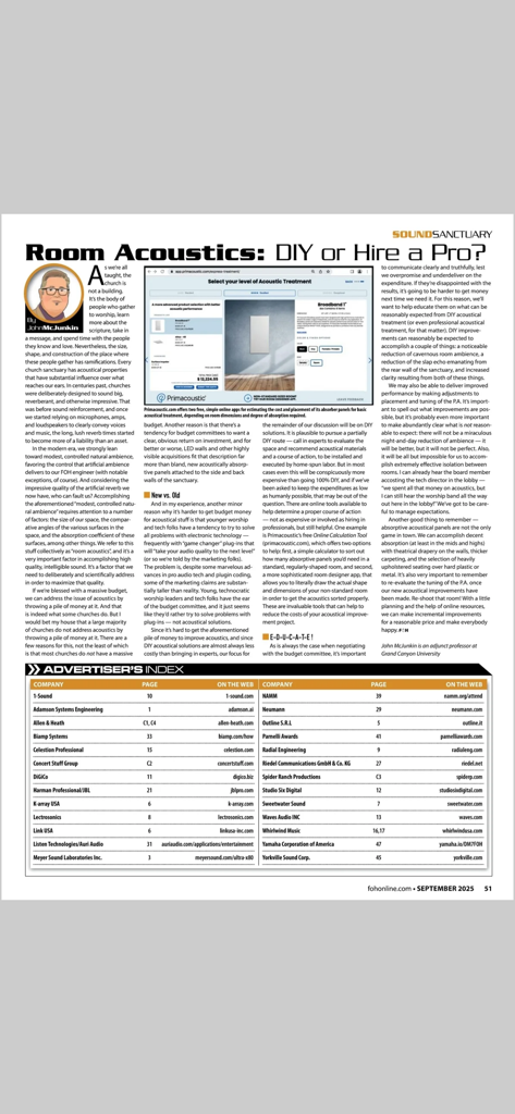 FRONT of HOUSE (FOH) Magazine - Eine Artikelseite aus dem FRONT of HOUSE Magazin mit dem Titel Raumakustik DIY oder Profi engagieren, mit einem Anzeigenverzeichnis.