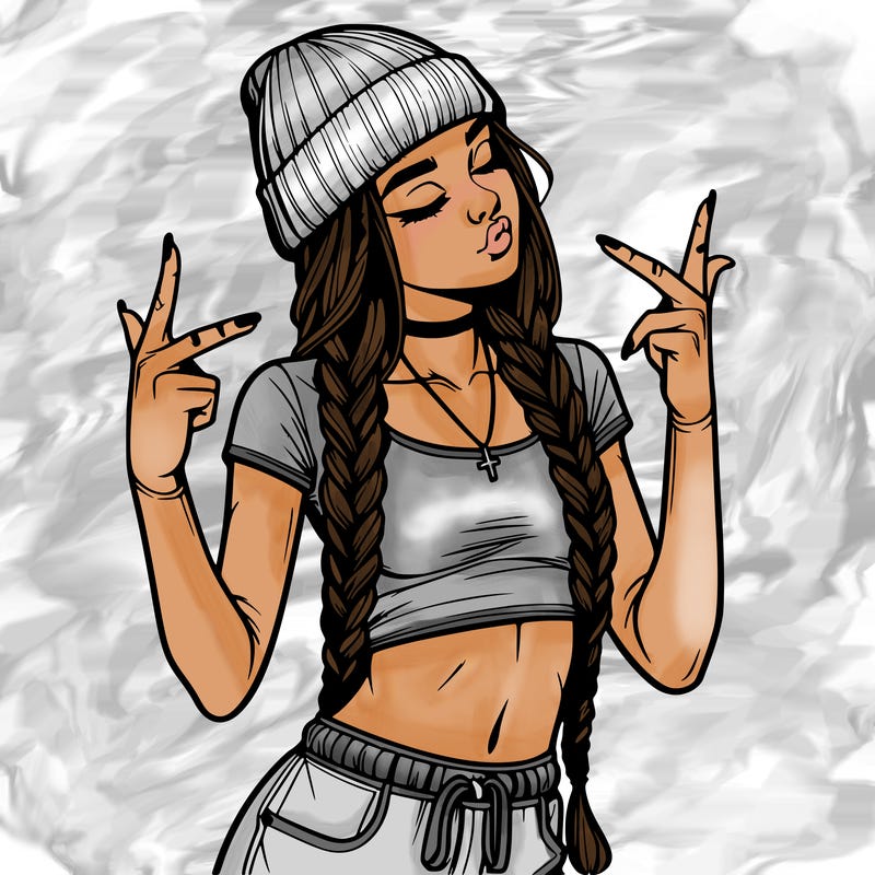 realistic teenage girl with braids and a beanie and crop top doing 🫶🏼