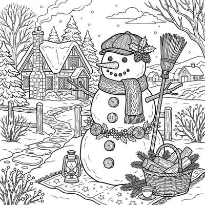Step into a charming winter wonderland with this delightful coloring page featuring a magnificent cottagecore snowman. Adorned with rustic details, this friendly giant invites you to a peaceful coloring adventure.