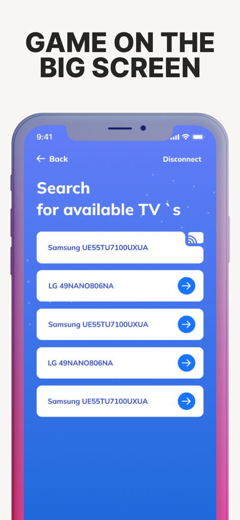 Tela do aplicativo móvel mostrando uma lista de TVs Samsung e LG disponíveis para espelhamento de tela.