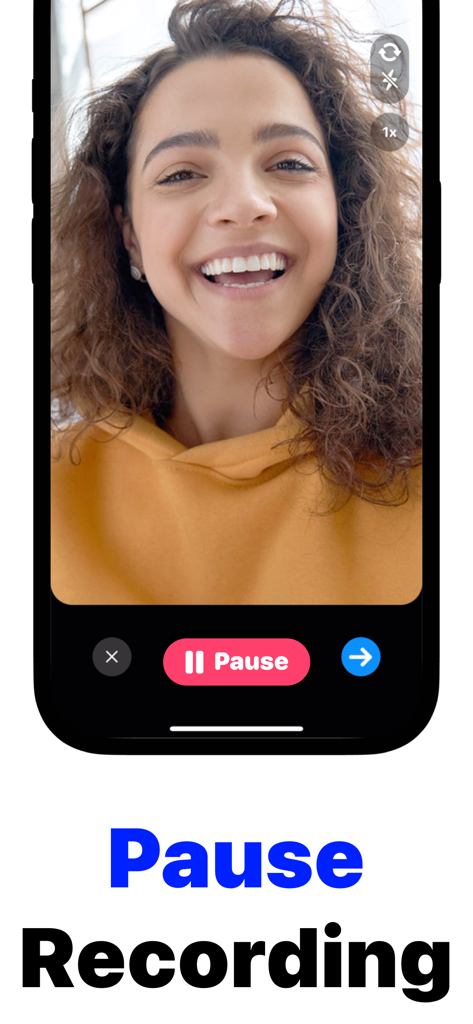 Pause Camera Video Recorder - A woman recording a vlog using the Pause Camera Video Recorder app showing the red pause button