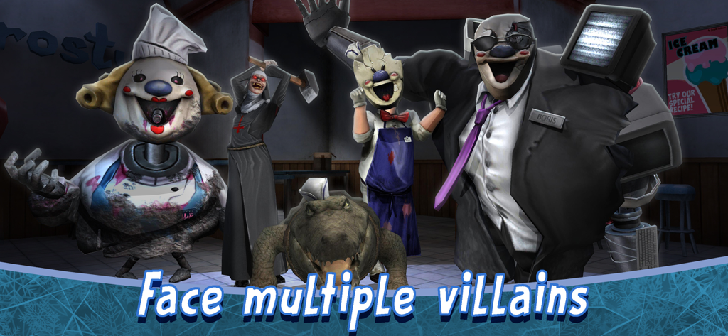 Ice Scream 8: Horror Games - Un groupe de plusieurs méchants effrayants, dont la Nonne Maléfique et Boris, du jeu Ice Scream 8 Final Chapter