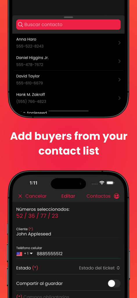Me Rifan - Una interfaz móvil de la aplicación Me Rifan que muestra la integración de la lista de contactos para añadir compradores de boletos de rifa y asignar números seleccionados.