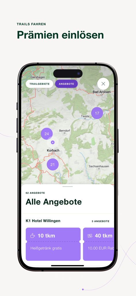 Green Trails - Oberfläche der Green Trails App, die eine Karte mit Trail-Standorten und lokalen Belohnungen wie kostenlosen Getränken anzeigt