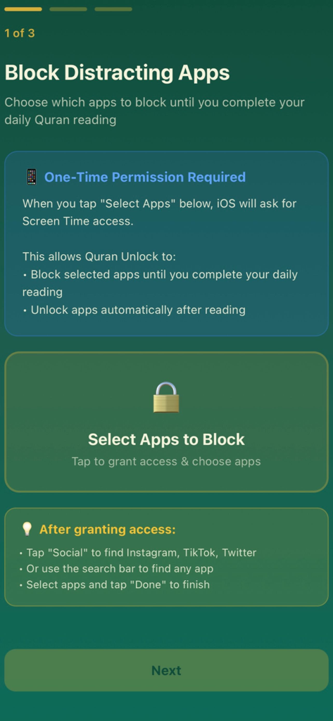 Quran Unlock - Setup screen for the Quran Unlock app showing how to block distracting apps until daily Quran reading is complete
