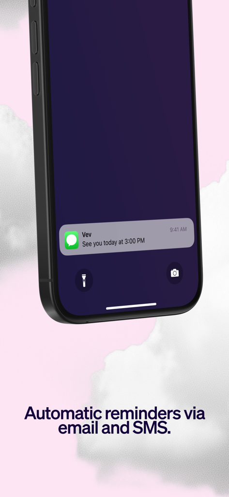Pantalla de smartphone que muestra una notificación de recordatorio de cita automática de la aplicación de reservas Vev.