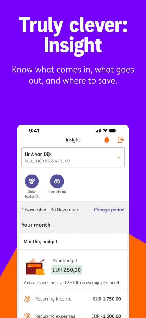 Captura de pantalla de la pantalla 'Insight' de la aplicación ING Países Bajos que muestra un presupuesto mensual con ingresos y gastos recurrentes