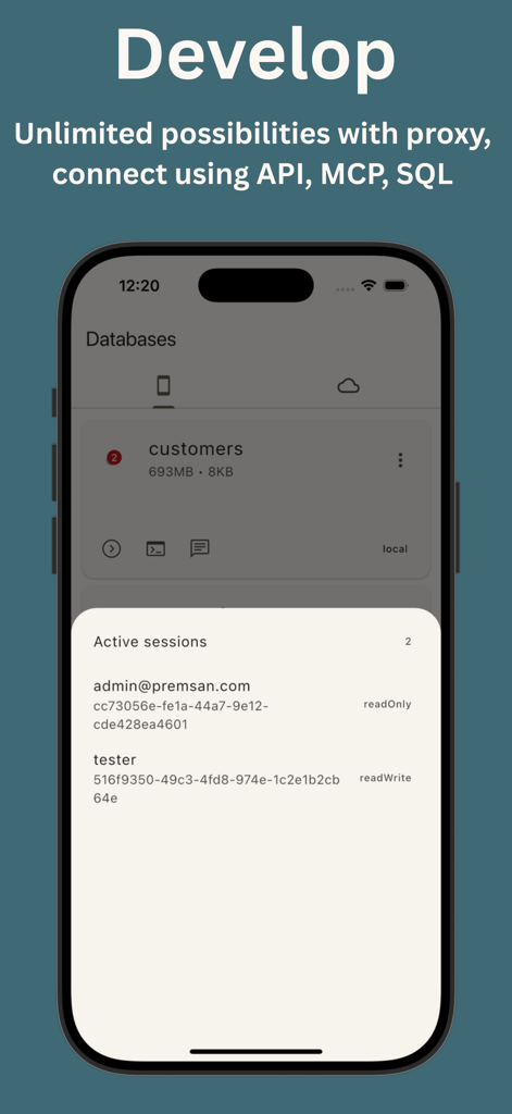 Interface of PhoneSQL app displaying active database sessions and developer connection options.