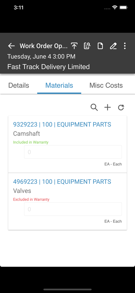 Infor MFS Cloud mobile app showing the materials list and warranty status for a field service work order
