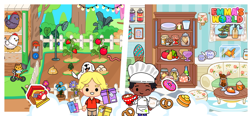 Emma's World - Town & Family - Imagen de pantalla dividida que muestra un personaje en un jardín con animales y otro personaje en una cocina con comida en Emmas World