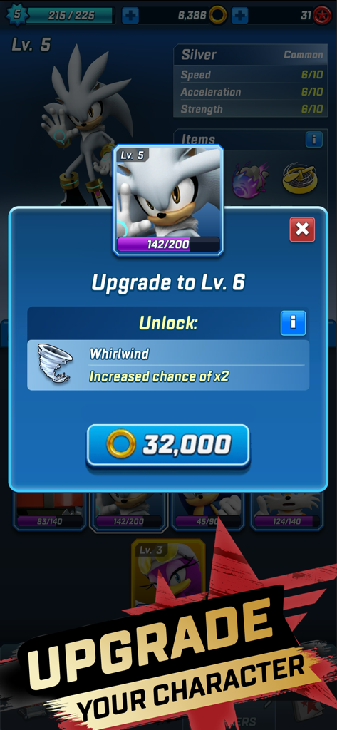 Menú del juego Sonic Forces que muestra una mejora para el personaje Silver the Hedgehog al nivel seis.