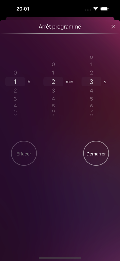 My Radio Endirect - France - Sleep timer interface of the My Radio Endirect France app showing time selection pickers for hours minutes and seconds