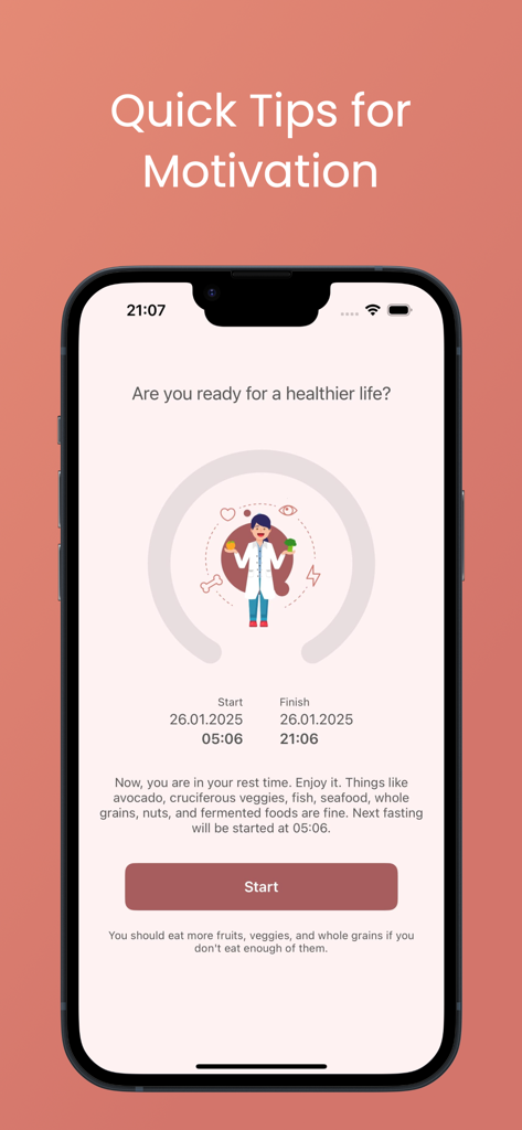 Easy Fasting app interface displaying healthy eating tips and fasting schedule.