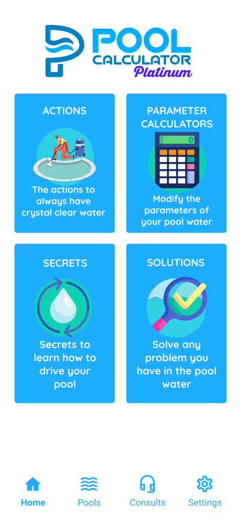 Swimming Pool Calculator - プール計算機プラチナアプリのホーム画面。アクション、パラメータ計算機、秘密、ソリューションのメニューオプションが表示されます。