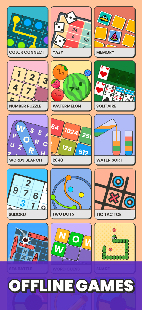 Una cuadrícula que muestra varios minijuegos casuales disponibles sin conexión, incluidos Sudoku Solitario y Sopa de Letras.