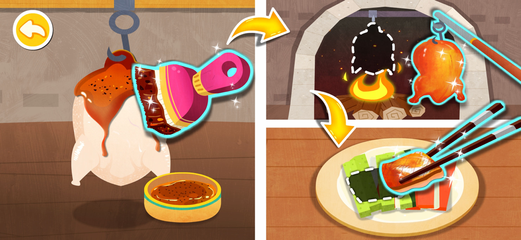 Étapes interactives pour préparer, rôtir et servir le canard laqué dans un jeu de cuisine pour enfants