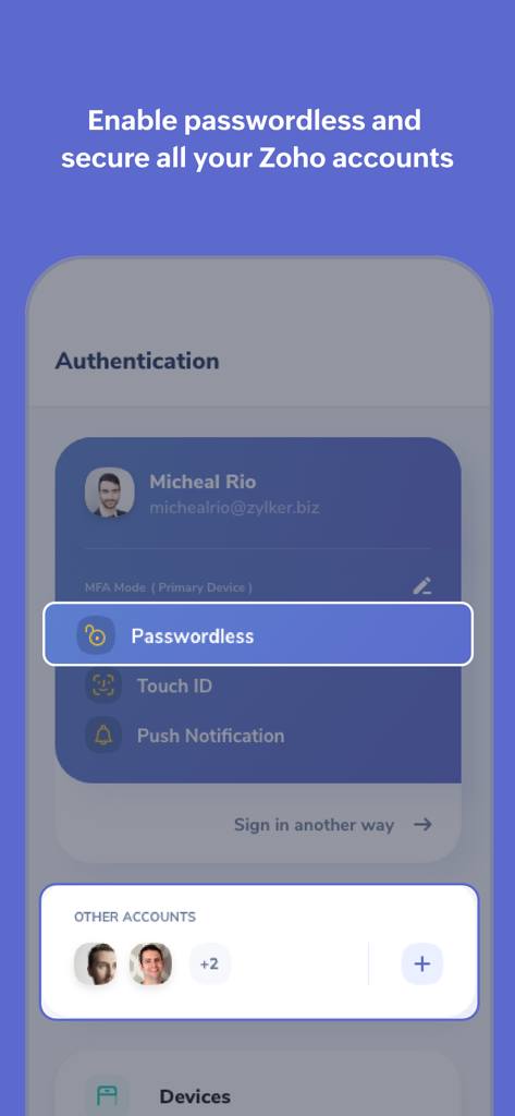 Authenticator App - OneAuth - OneAuth app interface showing passwordless sign in and account management
