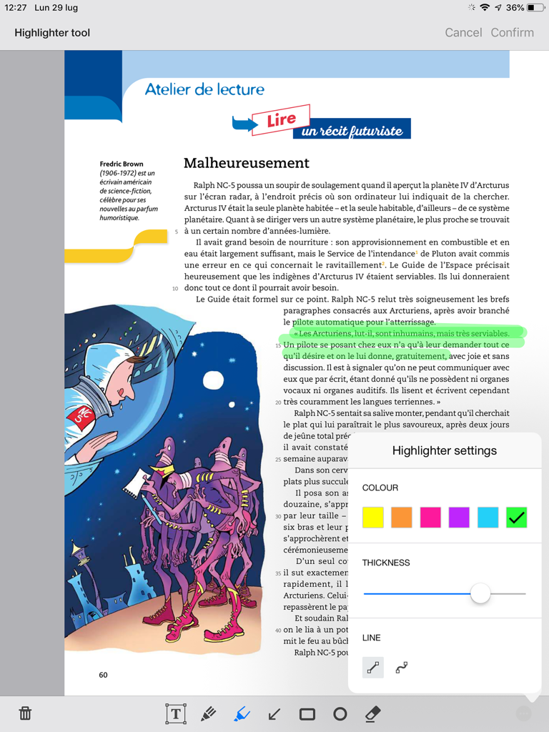 Hachette Antoine EDU - Highlighter settings menu on a digital textbook page within the Hachette Antoine EDU iPad app.