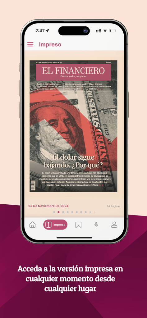 Mobile app interface of El Financiero Costa Rica showing the digital printed edition newspaper cover