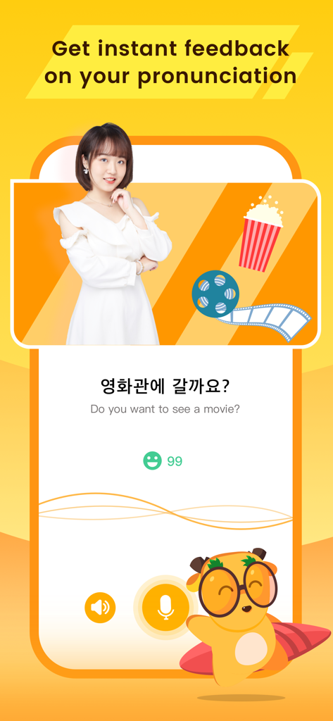 LingoDeer app screen showing a Korean pronunciation practice lesson with instant feedback score.