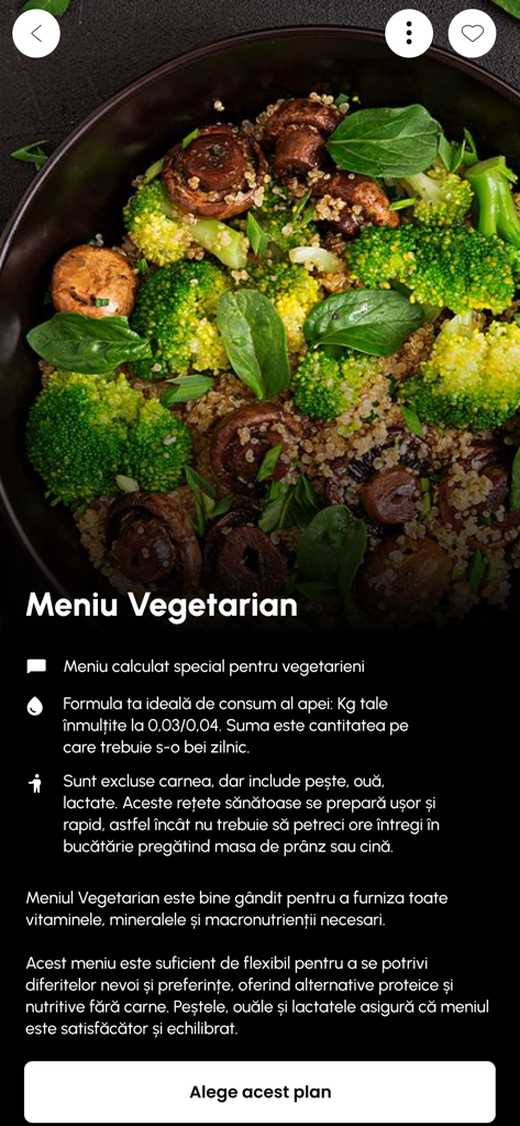 Fitness Mama - A nutritious vegetarian meal plan screen with a bowl of broccoli and mushrooms.