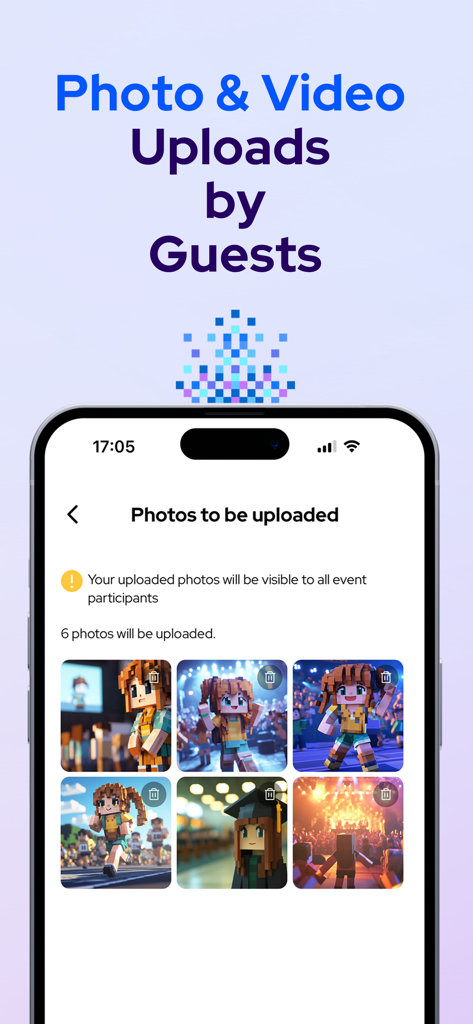 Photier app interface showing the guest photo and video upload screen with a grid of images ready for event sharing.