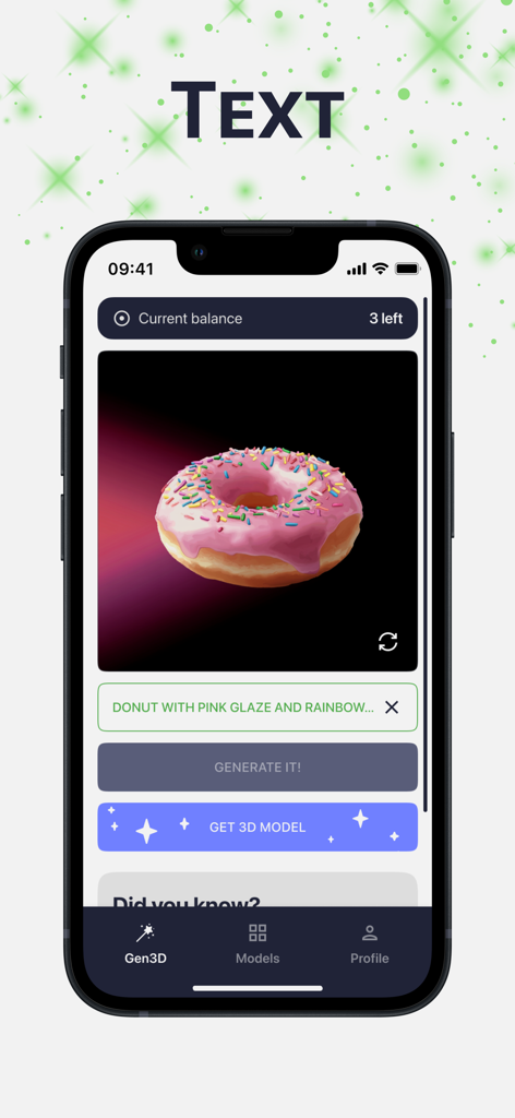 TextTo3D app interface showing a pink glazed donut with sprinkles generated from a text prompt