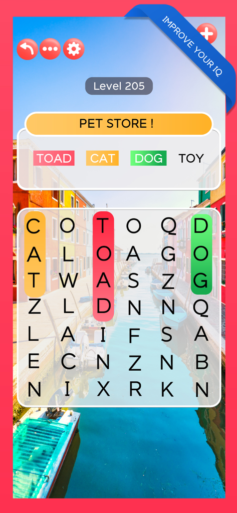 Gameplay screenshot of Word Voyage Word Search showing a pet store themed word puzzle with a scenic travel background