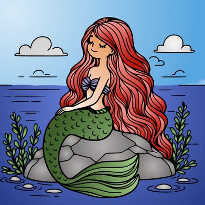 a beautiful mermaid sitting on a rock looking at the sky and she has really long hair.