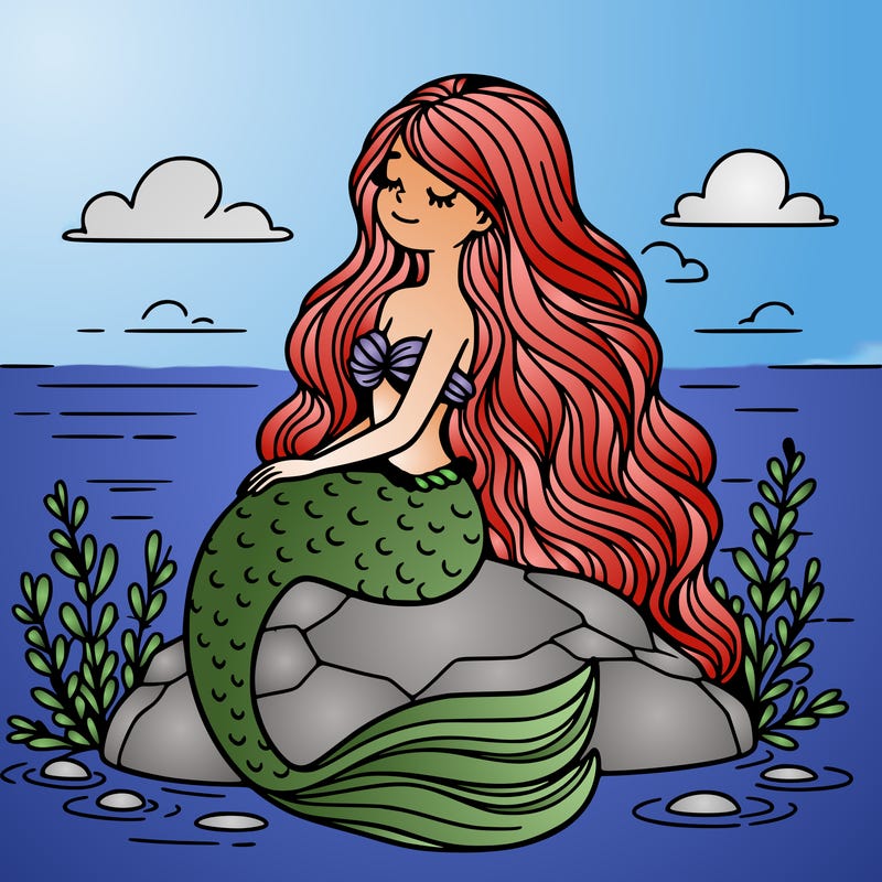 a beautiful mermaid sitting on a rock looking at the sky and she has really long hair.