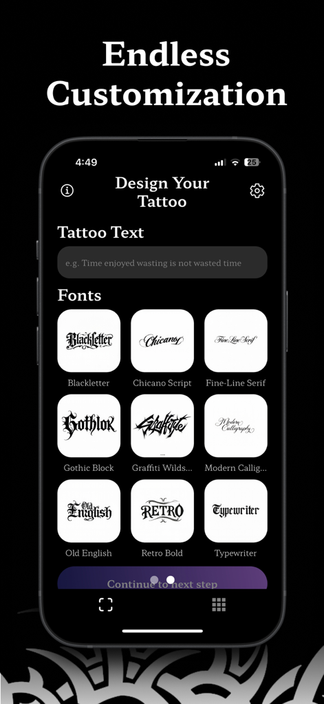 Interfaz de la aplicación Tattoo TryOn mostrando varios estilos de fuente como Old English y Caligrafía Moderna para diseños de texto de tatuajes personalizados.