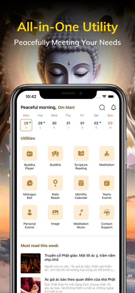 Om Mani – Global Buddhism - Om Mani app home screen displaying all-in-one Buddhist utilities including meditation tools scripture reading and lunar calendar
