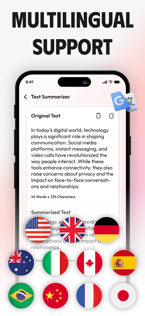 AI Summary - Text Summarizer * - AI Summary app interface showing multilingual support with international flag icons