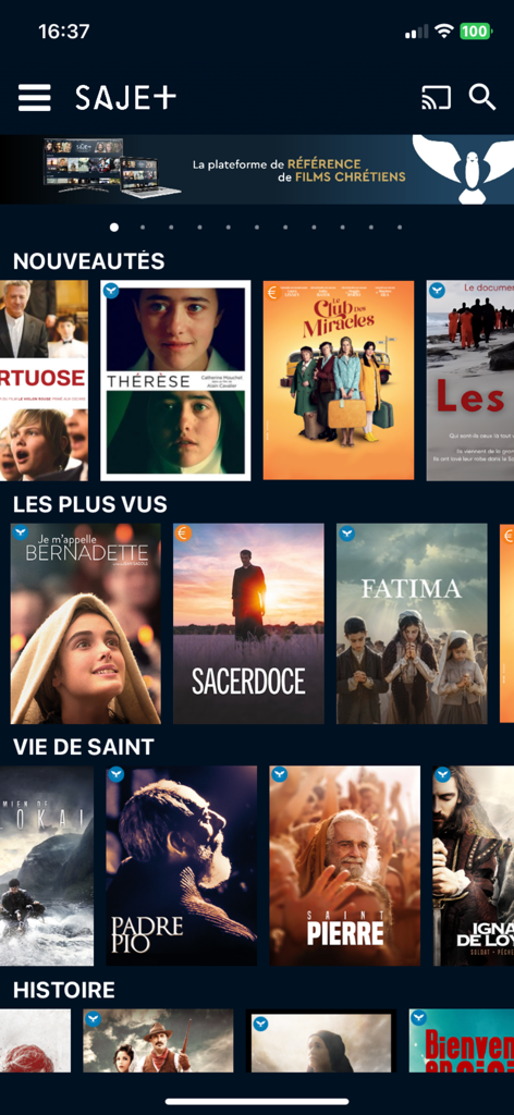 SAJE + - Écran d'accueil de l'application SAJE plus affichant des catégories de films religieux et historiques comme les vies de saints
