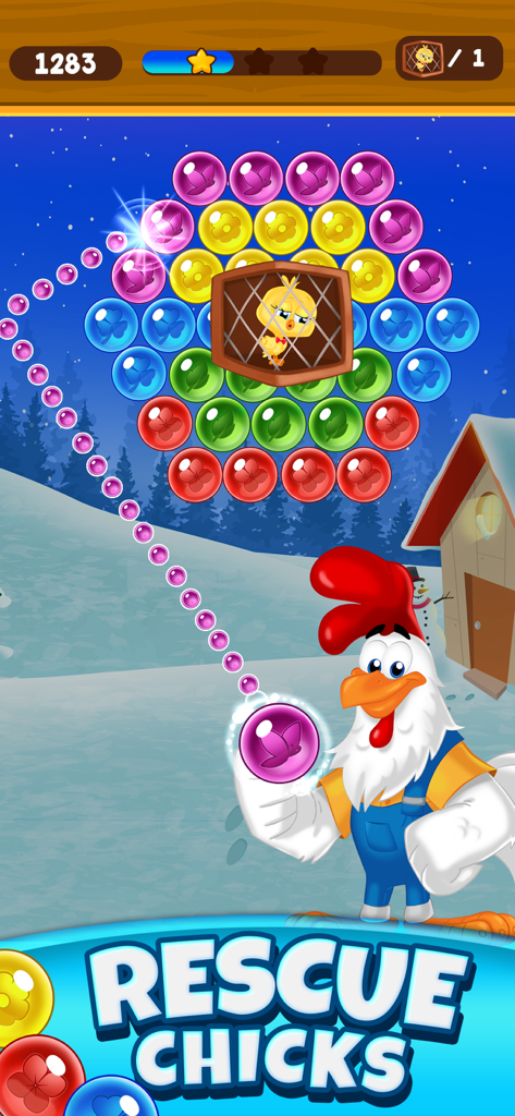 Farm Bubbles Bubble Shooter - Rooster character aiming bubbles to rescue a trapped chick