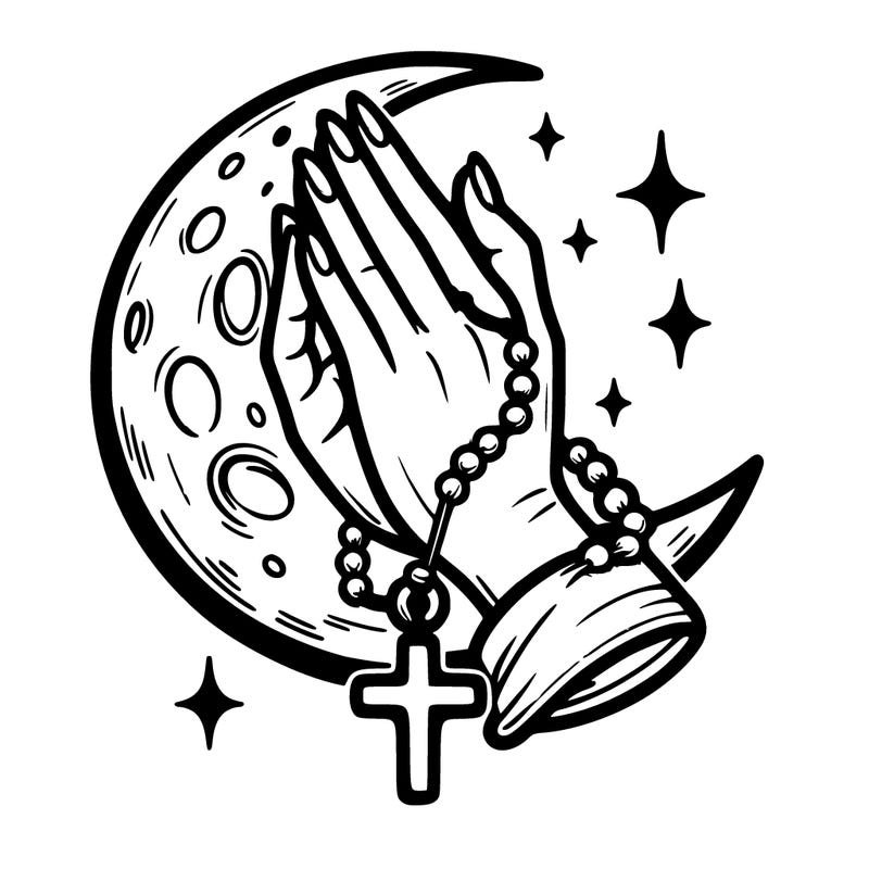 praying hands cross rosary moon