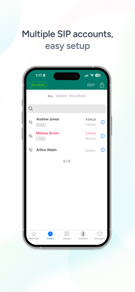 Call history screen of the Acrobits Softphone SIP client