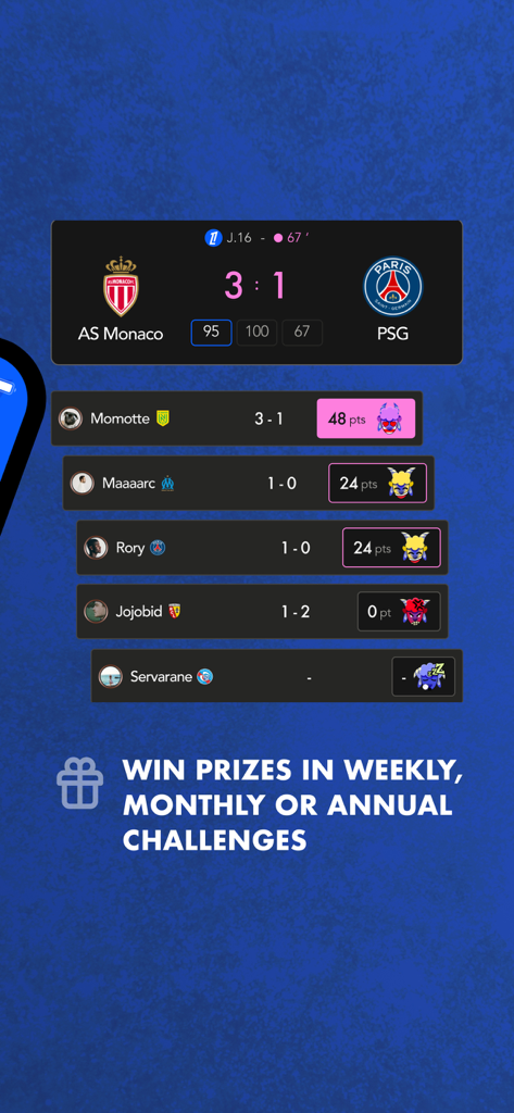 Una tabla de clasificación de usuarios prediciendo el resultado del partido de fútbol AS Monaco vs PSG para ganar premios.