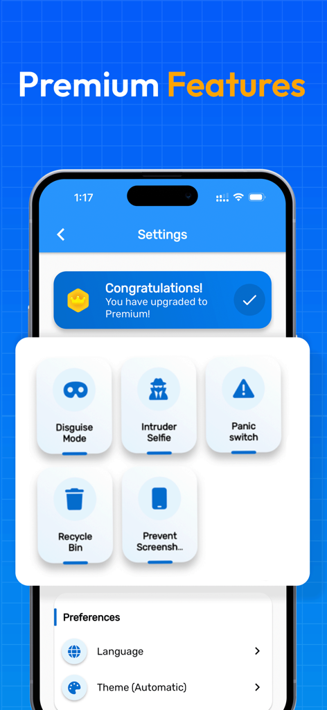 A smartphone screen displaying premium features of the Calculator Lock app including Disguise Mode and Intruder Selfie.