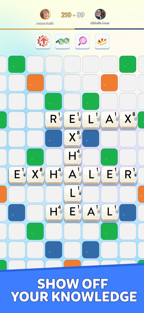 Jugabilidad del juego de mesa Word Crack mostrando palabras como Relax y Exhaler en una cuadrícula con la puntuación de la partida de un jugador.