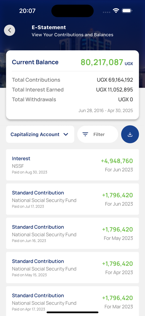 NSSF GO - NSSF GO app screen showing current balance and monthly contribution history