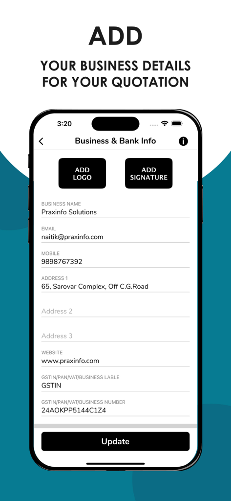 Quotation Maker - Tela de um aplicativo móvel para inserir detalhes de negócios, incluindo logotipo, assinatura e informações de contato no Quotation Maker.