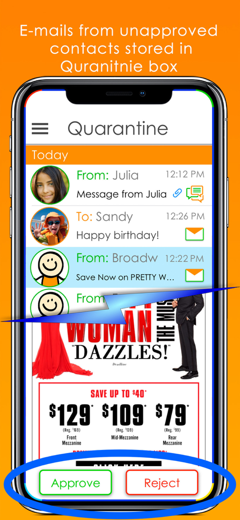 Tocomail - Email for Kids - L'interface de quarantaine de l'application Tocomail affiche les options permettant aux parents d'approuver ou de refuser les courriels entrants pour des raisons de sécurité.