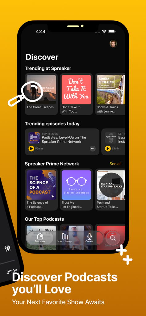 인기 및 엄선된 팟캐스트 목록을 보여주는 Spreaker Podcasts 앱 검색 인터페이스