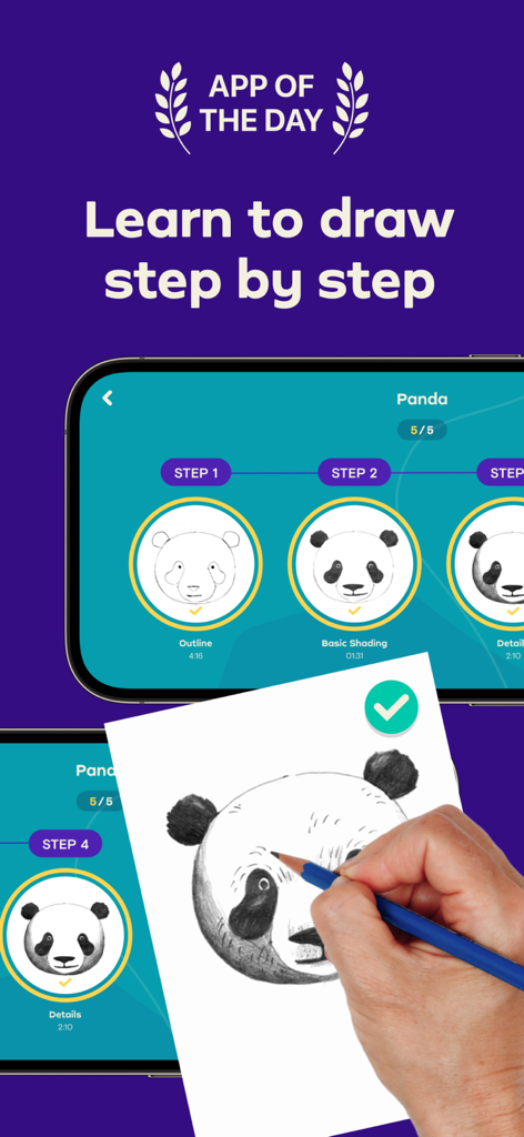 Eine Person zeichnet Schritt für Schritt einen Panda auf Papier mit dem Simply Draw App Tutorial