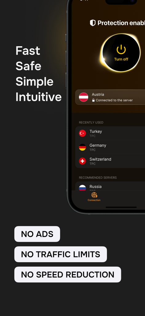 Sun8 - Sun8 VPN app screen showing a secure connection to an Austrian server with a list of global server options and key features like no ads and no traffic limits.