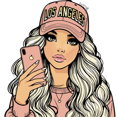 realistic beautiful girl wearing los ángeles cap holding an iphone
