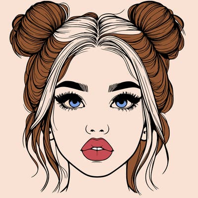realistic girl with two buns on her hair and lips