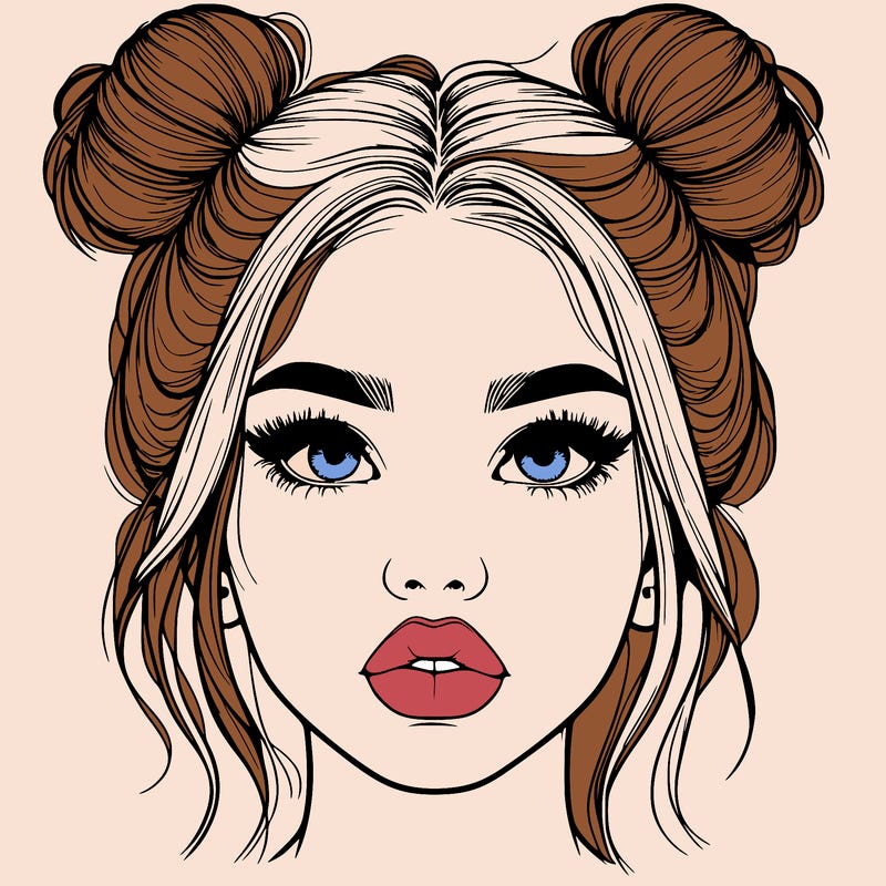realistic girl with two buns on her hair and lips