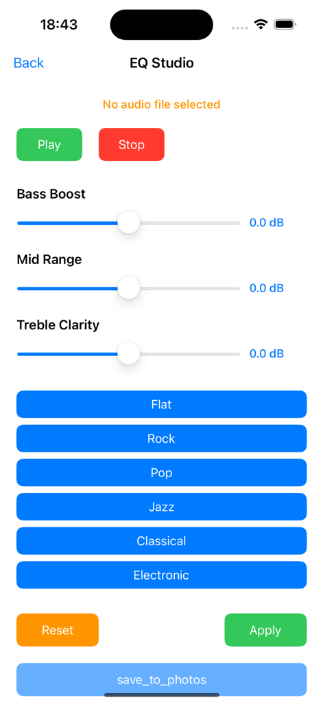 Bass Booster-Equalizer Audio - Interfaz de la aplicación EQ Studio mostrando deslizadores de ajuste de audio para mejora de graves y claridad de agudos junto con ajustes preestablecidos de géneros musicales.